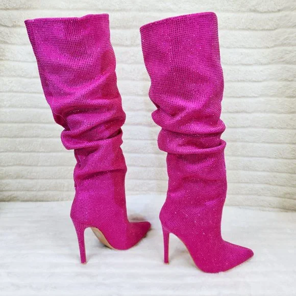 Radiant Fuchsia Pink Rhinestone High Heel Slouch Knee High Boots - Picture 1 of 11